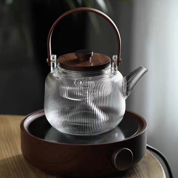 Чайник для заварювання на пару з потовщеного термостійкого скла та двома фільтрами ребристий 1л, Китай id_9165 фото