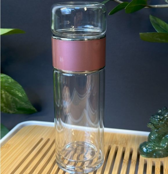 Термос-заварник з подвійного скла для чайної церемонії зі знімною чашкою рожевий 400мл, Китай id_9017 фото
