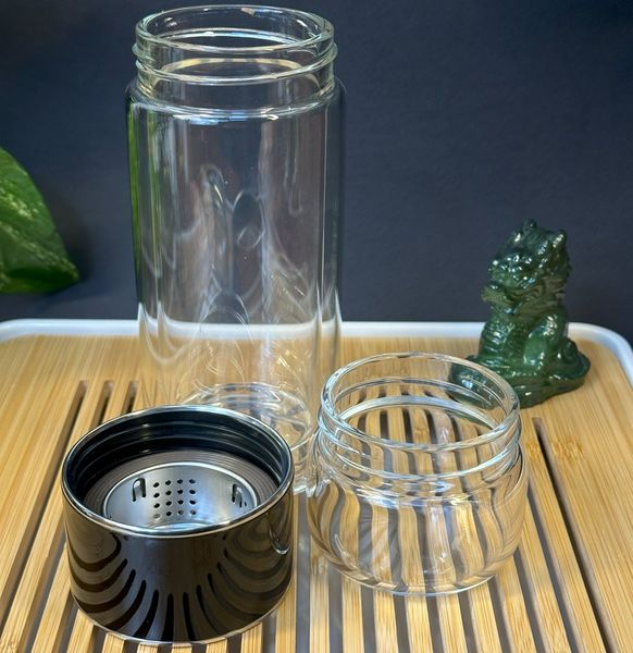 Термос-заварник з подвійного скла для чайної церемонії зі знімною чашкою чорний 400мл, Китай id_9019 фото